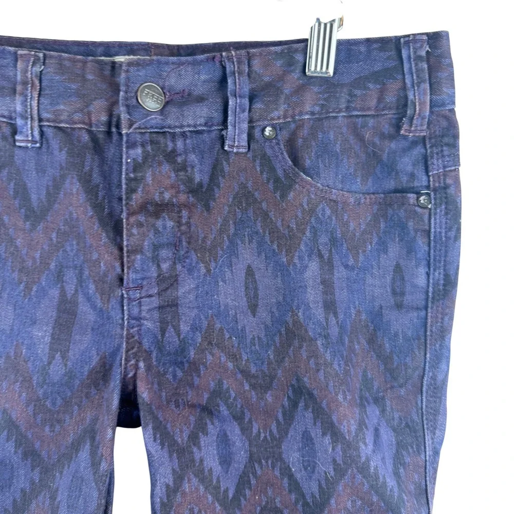 Free People Jeans Women 27 Purple Geometric Ikat Pattern Skinny Slim Boho Indigo